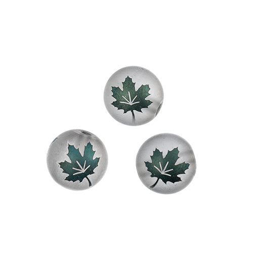 Glass Beads 7in Strand 10mm Round Matt Transparent Gray with Maple Leaf Pattern in Metallic Green