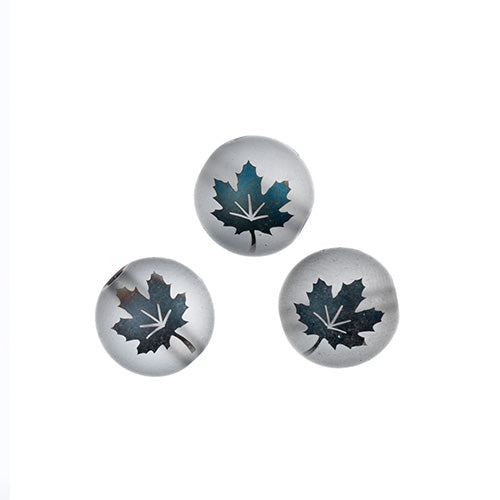 Glass Beads 7in Strand 10mm Round Matt Transparent Gray with Maple Leaf Pattern in Metallic Blue