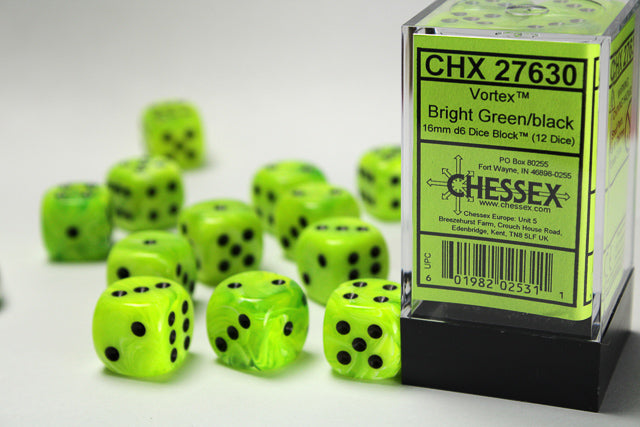 Chessex (27630): D6: 12mm: Vortex Bright Green/Black