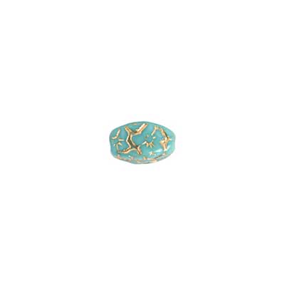 GLASS FLORAL OVAL BEAD 15x12mm STRUNG OP.TURQUOISE/GOLD