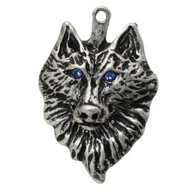 PENDANT WOLF 35x24mm with BLUE EYES ANTIQUE SILVER L/F