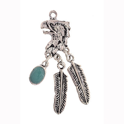 PENDANT SMALL EAGLE HEAD W/2 FEATHER 1TURQ STN DROP ANT.SLV