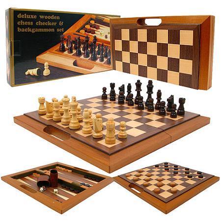 CHH Games 3-in-1 Oak Game Set (Chess-Checkers-Backgammon)