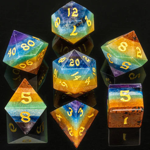 Natural rainbow layered gemstone dice set 7 pieces RPG