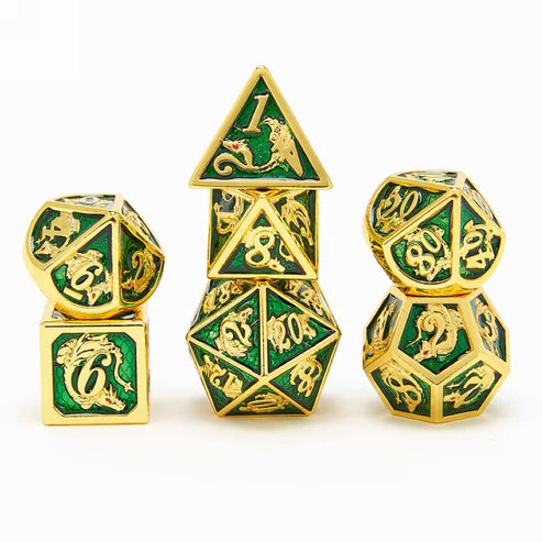 Gold emerald metal dragon dice set for D&D Pathfinder MTG