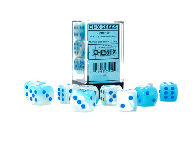Chessex (26665): D6: 12mm:  Pearl Turquoise-White/Blue