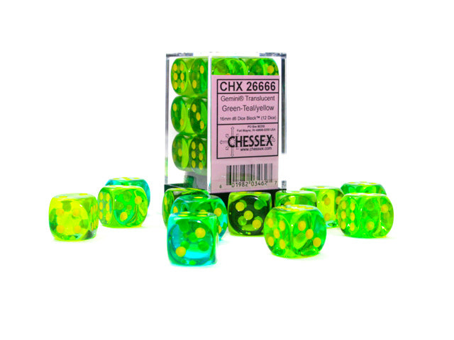 Chessex (26666): D6: 12mm:  Translucent Green-Teal/Yellow