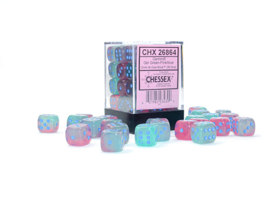 Chessex (26864): D6: 12mm: Gel Green-Pink/blue Luminary