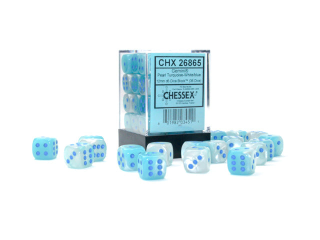 Chessex (26865): D6: 12mm: Pearl Turquoise-White/blue Luminary