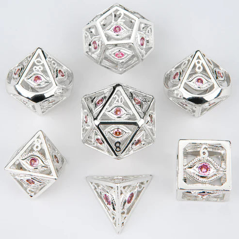 Shiny Silver with Pink Gems Dragon's Eye Hollow Metal Dice set