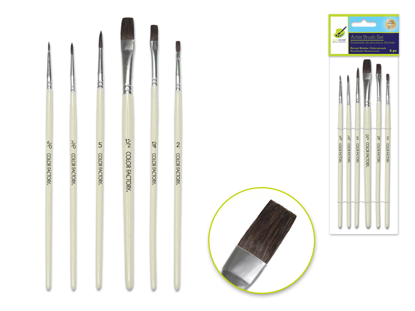 Artist Brush Set: Natural Bristle Multi-Pack x6 Watercolor Wood Handle