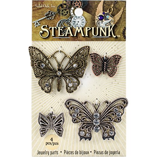 Solid Oak Charm Steampunk Butterflies 4 pc