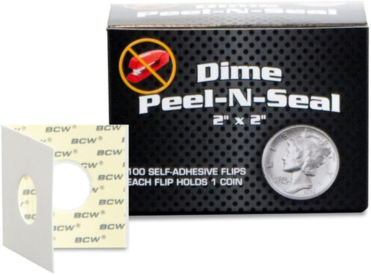 BCW Peel-N-Seal Self-Adhesive 2x2 Coin Flips for Dimes 100ct