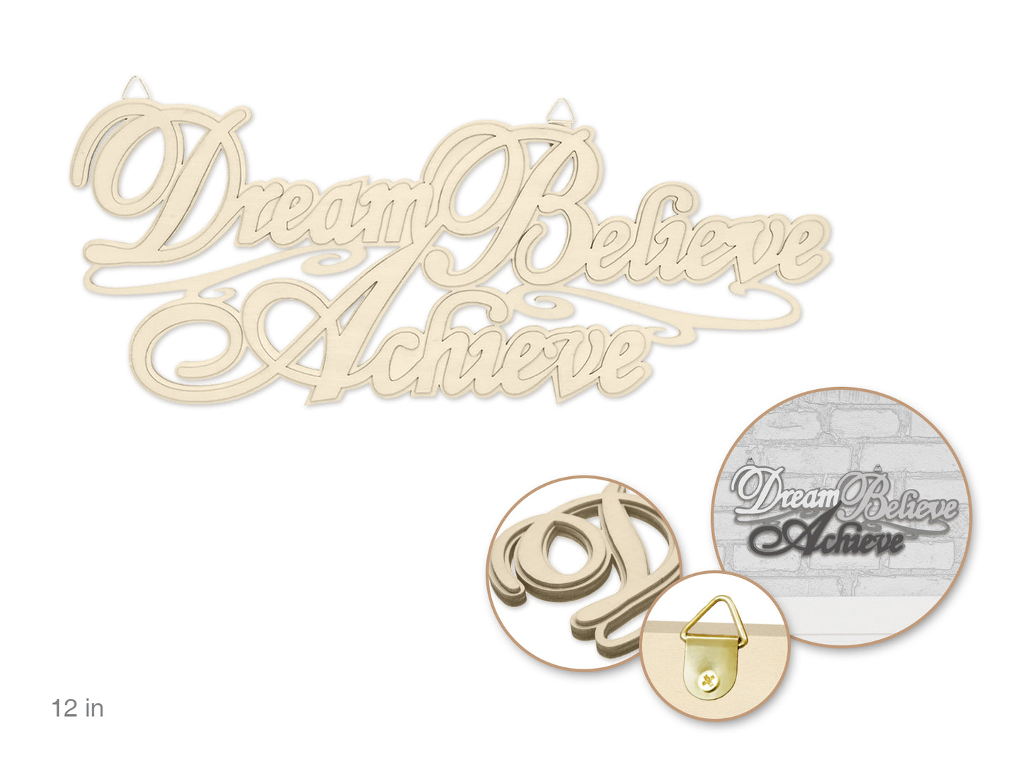 Wood Decor: 12" DIY Words Plaque 3D 7mm(T) w/Hook E) Dream Believe Achieve