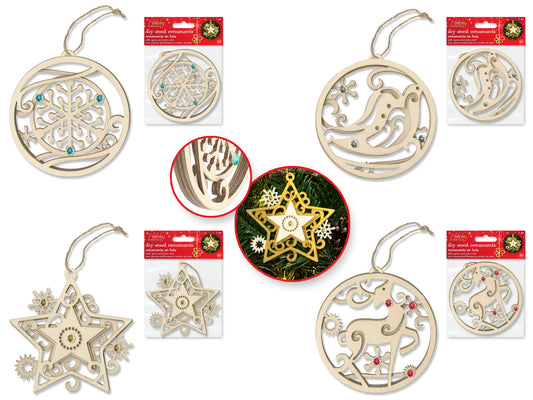 Holiday Wood: 3.75" 3D Gemmed Ornament w/Jute Cord Asst 9eax4styles A) Holiday Icons