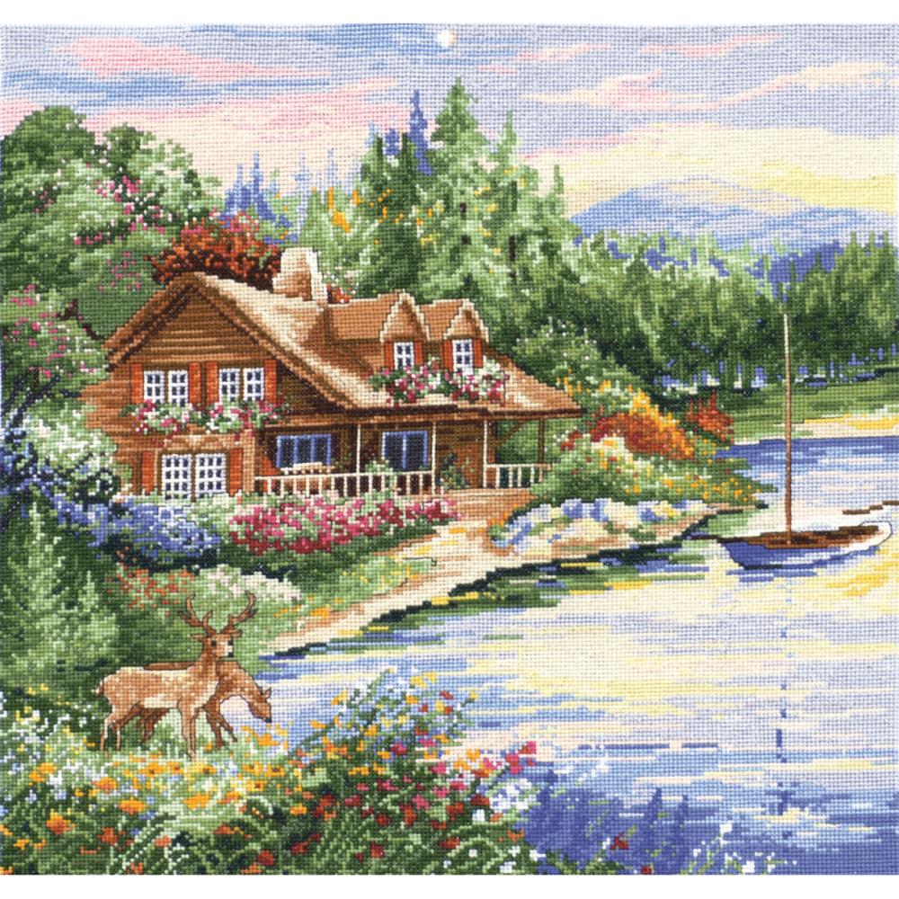 Design Works Counted Cross Stitch Kit 15"X15" Lakeside Cabin