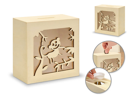 Wood Craft: 4.6"x4.81"x2.56" DIY Scenic Coin Bank w/Bottom Cap A) Monkey