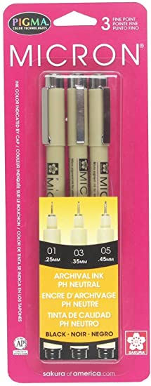 Sakura Pigma Micron Pen Set Assorted Size Black 3 pc.