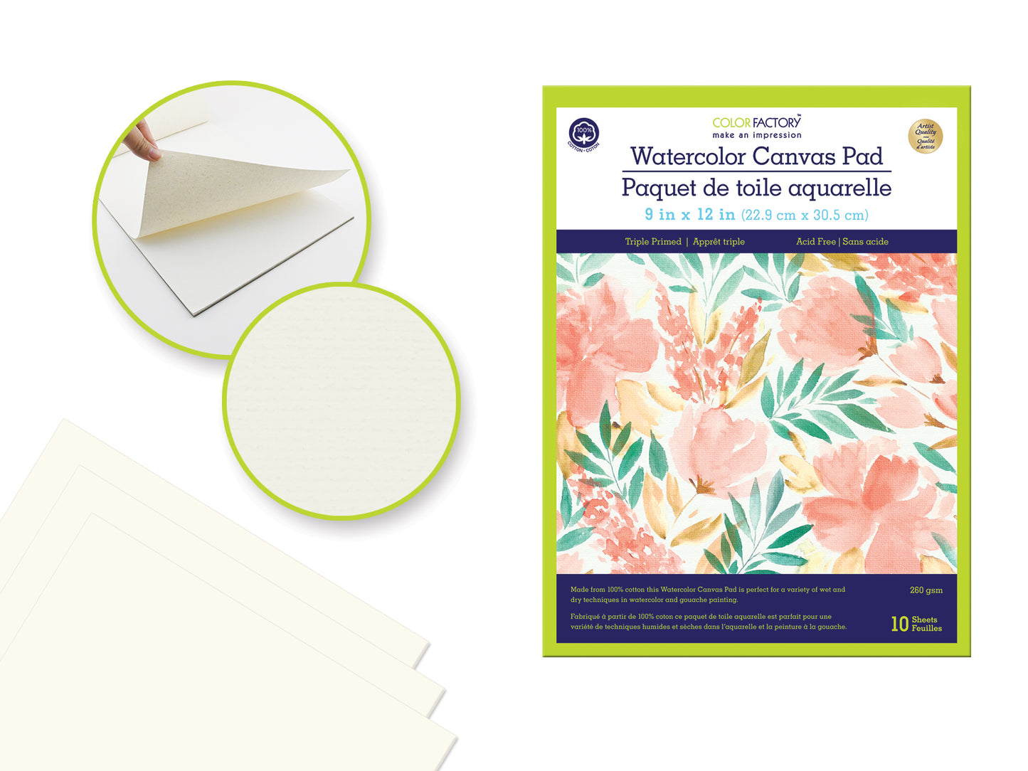 Artist Watercolor Canvas Pad: 9"x12" Triple Primed 10 Sheets 100% Cotton