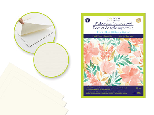 Artist Watercolor Canvas Pad: 9"x12" Triple Primed 10 Sheets 100% Cotton