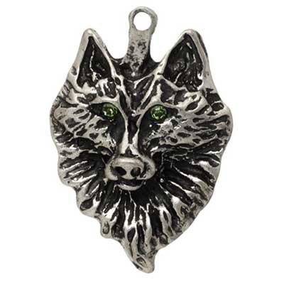 PENDANT WOLF WITH GREEN EYES 35x24mm ANTIQUE LF/NF SILVER